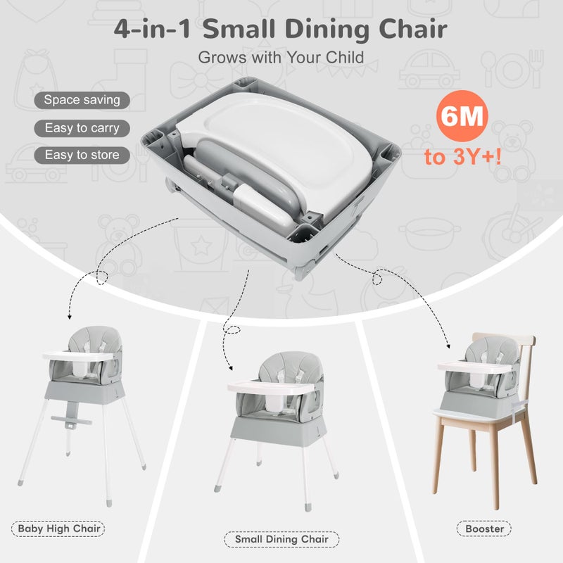 BOSEDSANG 4-in-1 Baby High Chair, Convertible Highchair for Babies and Toddlers, Portable High Chair with Foldable Design, Booster Seat for Kitchen, Dining & Outdoor Use, Easy to Clean & Storage(Grey) - Image 2