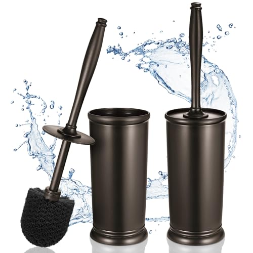 HAMITOR Toilet Bowl Brush Holder Set 2 Pack Modern Deep Cleaning Bathroom Toilet Scrubber with Caddy for rv  Rim Decorative Accessories Cleaner Brushes for Toilet  Bronze1