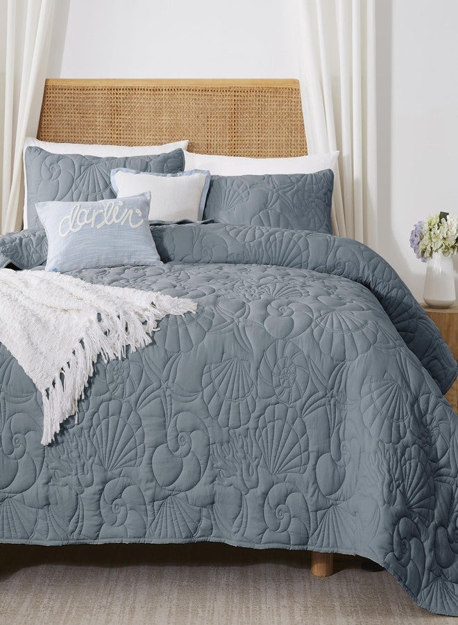 WDCOZY Coastal Beach Queen Size Quilt Bedding Sets, Blue Nautical Tropical Ocean Bedspread, Scallop Seashell Soft Coverlet, Lightweight Summer Thin Comforter for All Season - Image 3