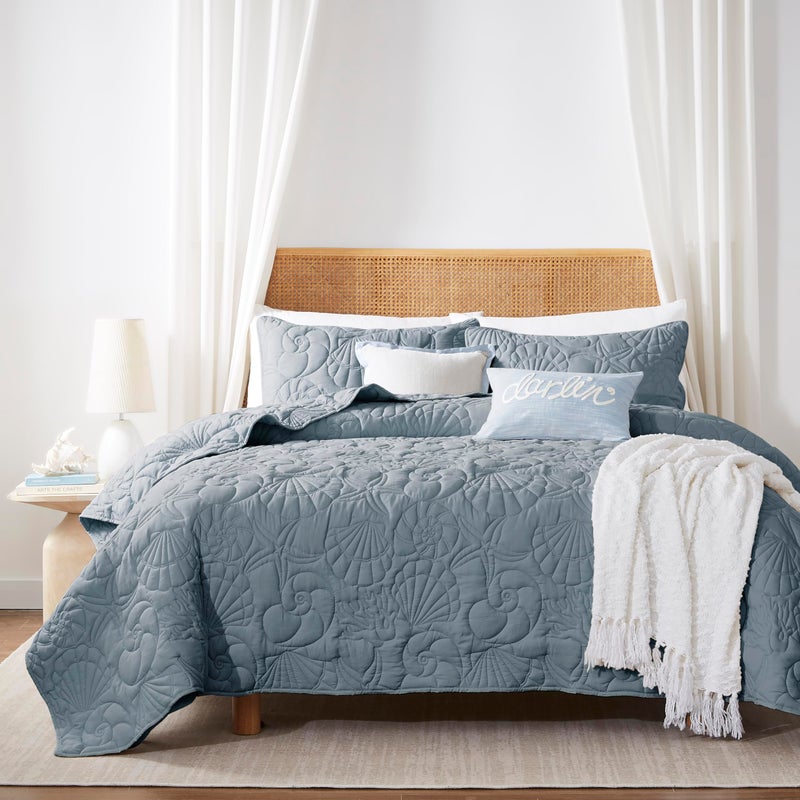 WDCOZY Coastal Beach Queen Size Quilt Bedding Sets, Blue Nautical Tropical Ocean Bedspread, Scallop Seashell Soft Coverlet, Lightweight Summer Thin Comforter for All Season - Image 1