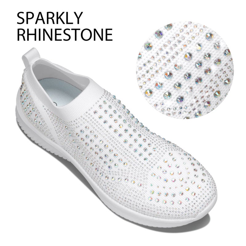 BELOS Women's Rhinestone Slip On Walking Shoes Breathable Mesh Knit Sock Shoes Fashion Comfortable Sparkly Sneaker(White,11) - Image 3