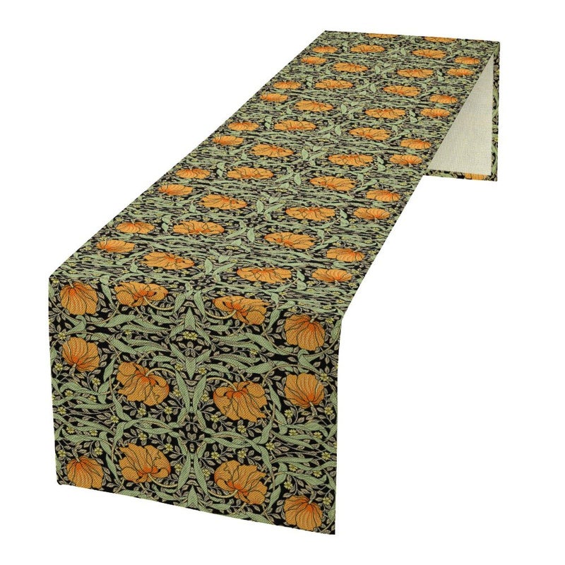 YSWOW William Morris Vintage Floral Table Runner Farmhouse Sage Green Orange Art Printed Dinner Runner for Home Kitchen Dining Table Decor Fabric 1 Panel W13xL60in - Image 1