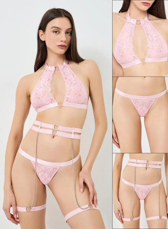 Take Two Lace Non Padded Non Wired Bra with Thong and Suspenders