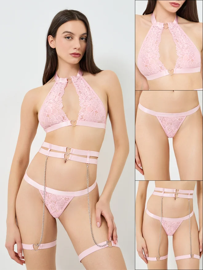 Styli Styli Lace Non Padded Non Wired Bra with Thong and Suspenders
