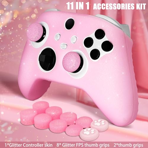 HLRAO Pink Glitter Anti-Slip Protective Silicone Cover Skin Grips for Xbox Series X/S Controller,8 PCS Glitter Thumb Grips Caps and 2 Grips Caps. - Image 2
