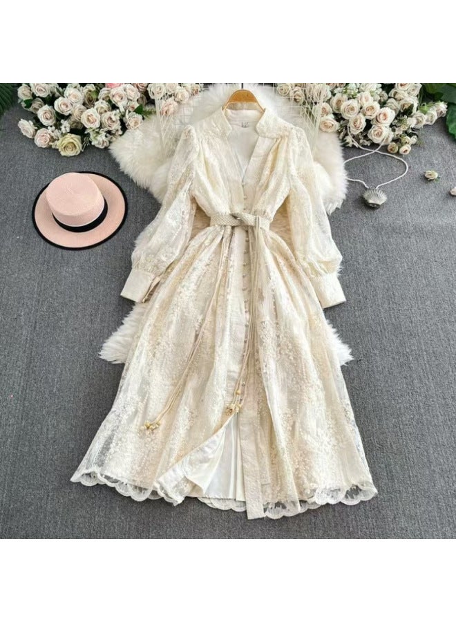 Women's Dress Spring Waist Heavy Embroidery V Neck Lantern Sleeve Single Breasted Long Skirt