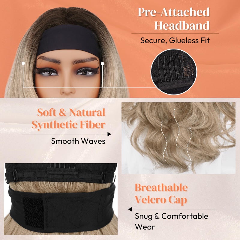 BARSDAR Ombre Blonde Long Wavy Headband Wig - 26 Inch Blonde Body Wave Headband Wig for Women - Synthetic Wear and Go Glueless Dark Roots Ombre Wigs Soft Lightweight Natural Looking Easy Wear - Image 4