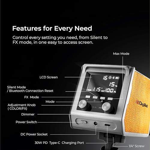 DIGITEK® (DCL-100 WBC) 100W Bi-Color Continuous LED Light with Mini Bowen Mount & Reflector, 2700K-6500K+200 Color Temp, 20FX Modes, 97+ CRI, 0-100% Brightness, APP Control, Lighting for Videography - Image 3