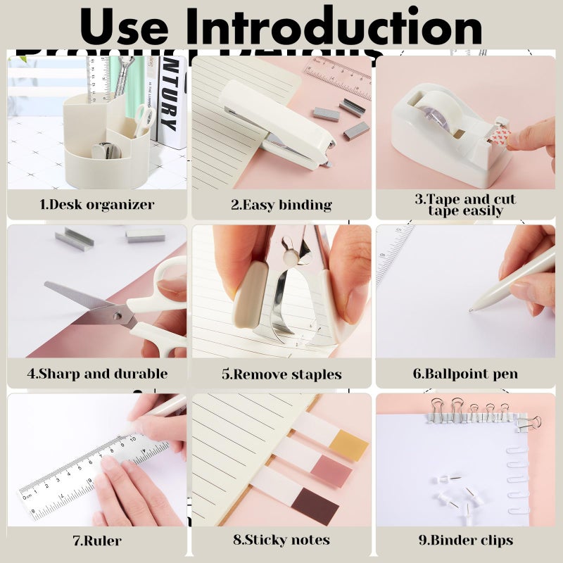 Marspark Office Desk Accessories 12 Pcs Office Supplies Set 360Â° Rotating Pen Holder, Stapler, Tape Dispenser, Scissor, Sticky Notes, Binder Clips, Desk Organizers Gift for School (Beige) - Image 4