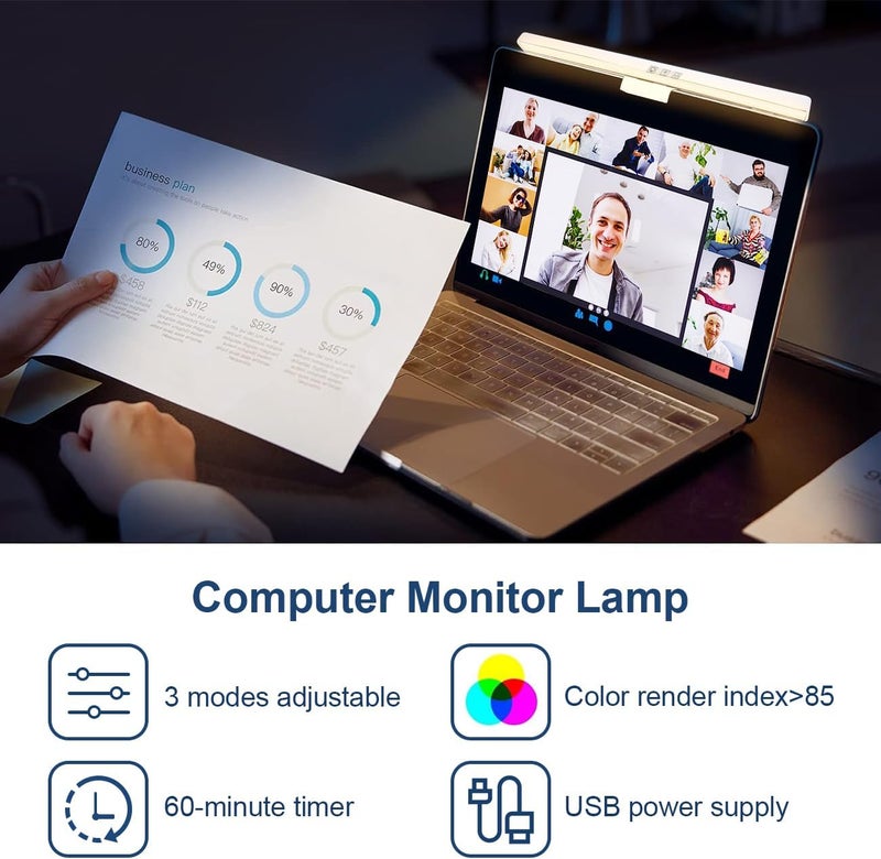 هوكور مصباح شاشة الكمبيوتر، حماية للعين من وهج الشاشة، مصباح قراءة إلكتروني، تحكم باللمس، قابل للتعتيم بثلاث درجات حرارة ألوان، مؤقت 60 دقيقة، مناسب للمكتب/المنزل (33 سم - أبيض) - Image 2