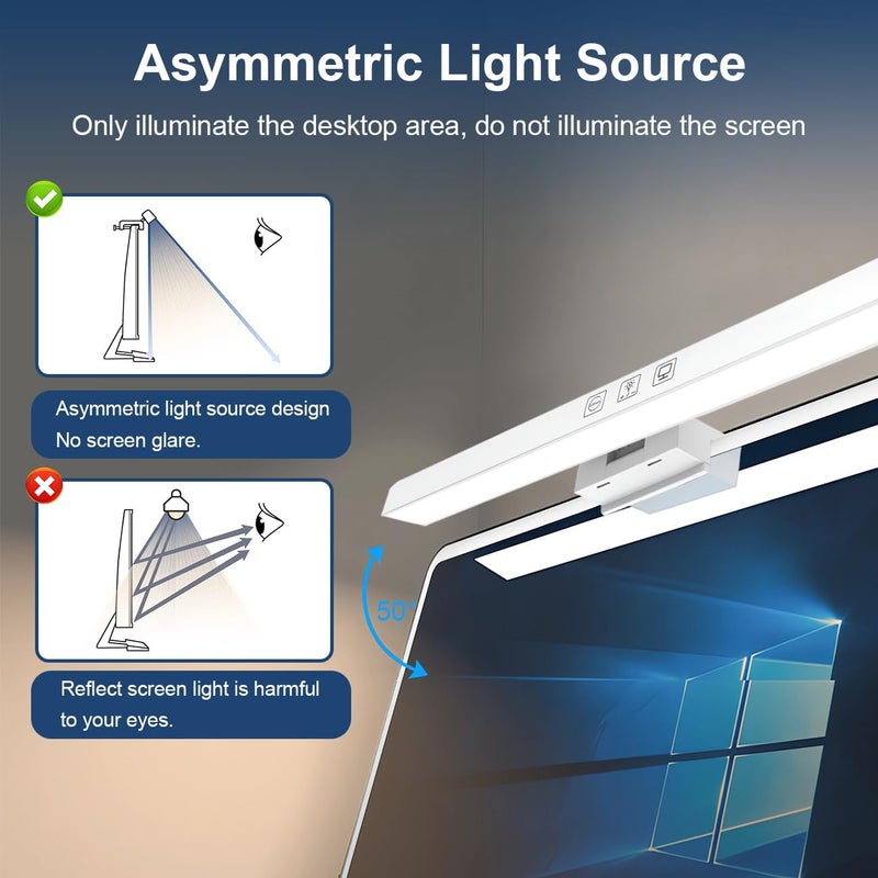 هوكور مصباح شاشة الكمبيوتر، حماية للعين من وهج الشاشة، مصباح قراءة إلكتروني، تحكم باللمس، قابل للتعتيم بثلاث درجات حرارة ألوان، مؤقت 60 دقيقة، مناسب للمكتب/المنزل (33 سم - أبيض) - Image 3