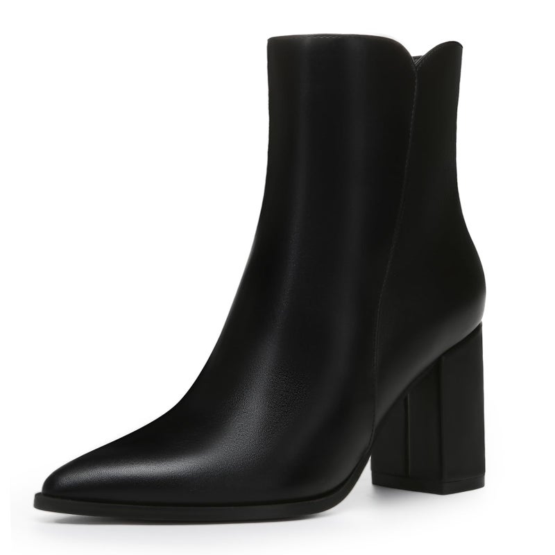 Athlefit Women's Heeled Ankle Boots Fashion Pointed Toe Chunky Block Heel Side Zipper Short Black Leather Boots Size 8 - Image 1