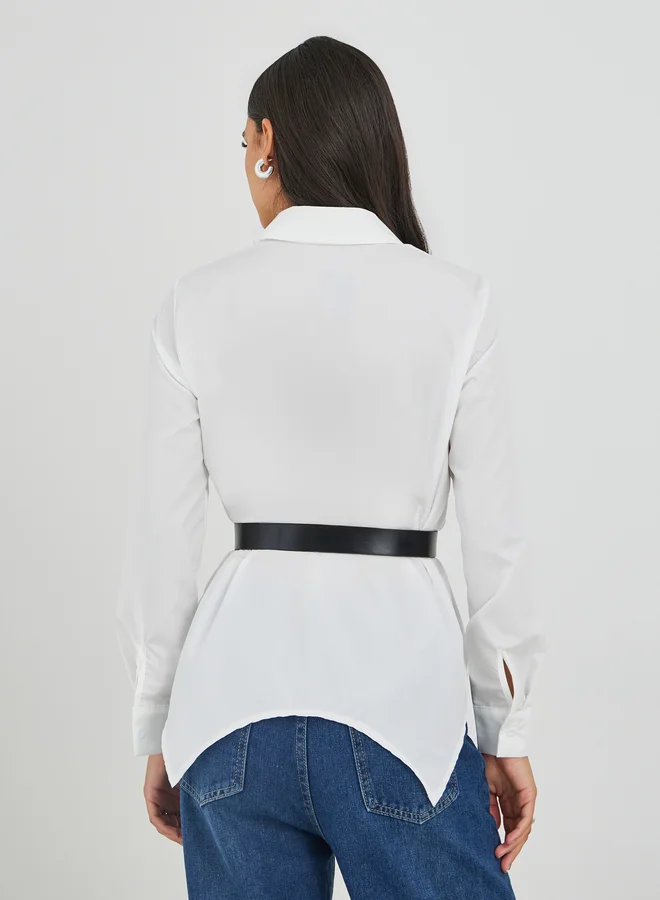 Styli Styli Solid Long Sleeve Buttoned Shirt with Belt