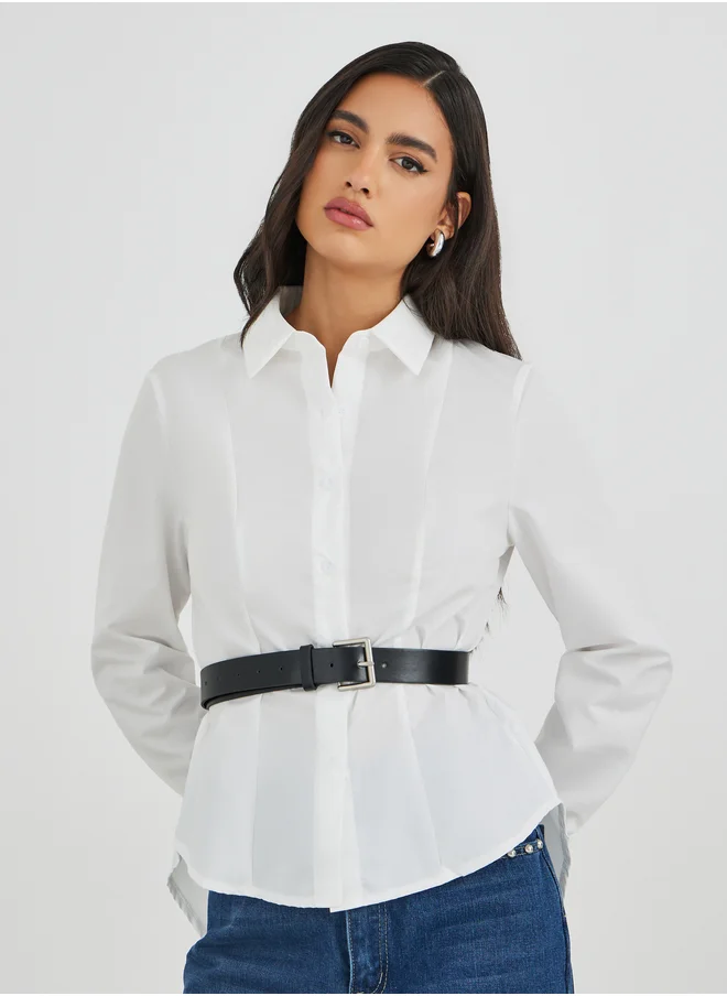 Styli Styli Solid Long Sleeve Buttoned Shirt with Belt