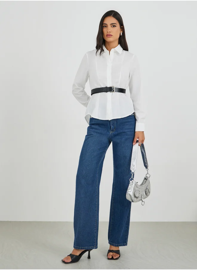 Styli Styli Solid Long Sleeve Buttoned Shirt with Belt