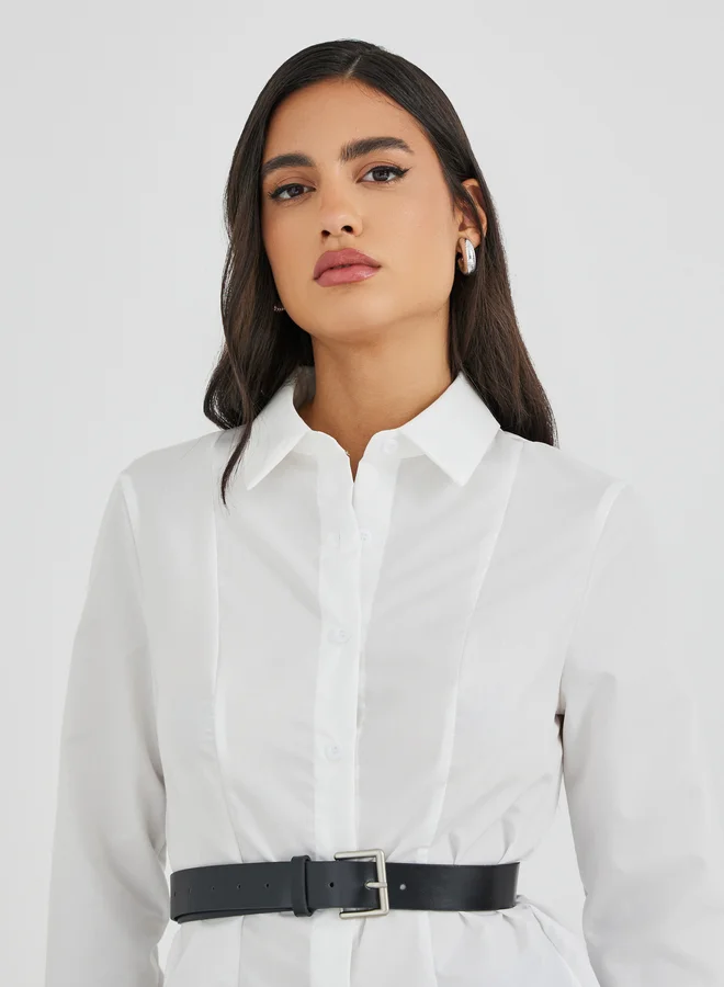 Styli Styli Solid Long Sleeve Buttoned Shirt with Belt