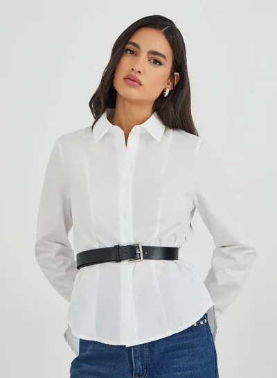 Styli Solid Long Sleeve Buttoned Shirt with Belt