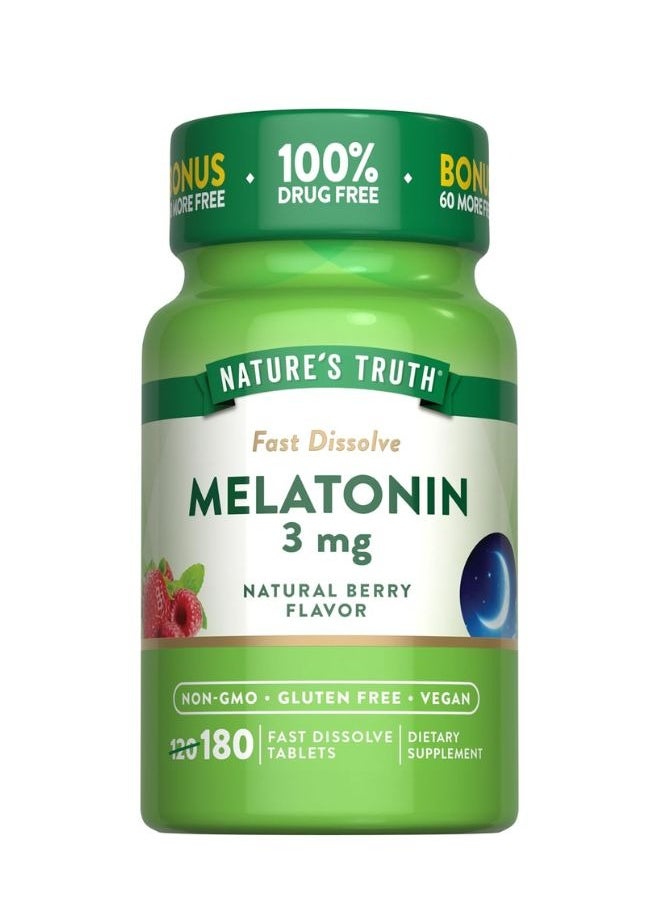 Nature's Truth Melatonin 3Mg Fast Dissolve Tablets 180 Count Natural Berry Flavor Vegan, Non Gmo, And Gluten Free Supplement 