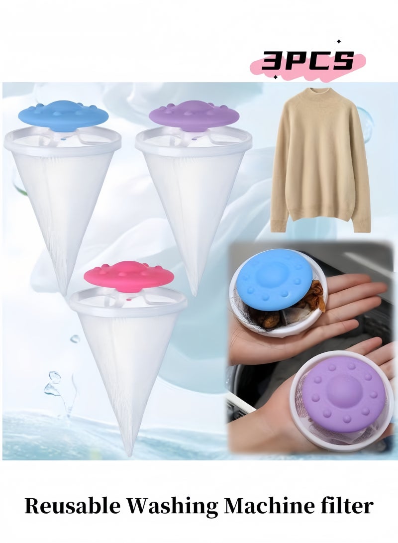 3 قطع قابلة لإعادة الاستخدام غسالة عائمة حقيبة شبكية فلتر الشعر حقيبة شبكية مزيل شعر الغسيل مجمعة فرو الحيوانات الأليفة للاستخدام المنزلي تصميم شبكي بلاستيكي للاستخدام بدون كهرباء يمنع التشابك - Image 1
