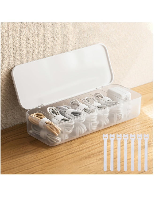 Loquat Cable Organizer Storage Box with 7 Wire Ties, Desktop Cable Management Box with Lid, Power Cord Organizer with 7 Compartments for Office, Home, Desk Accessories Storage Stationery Supplies White - Image 1