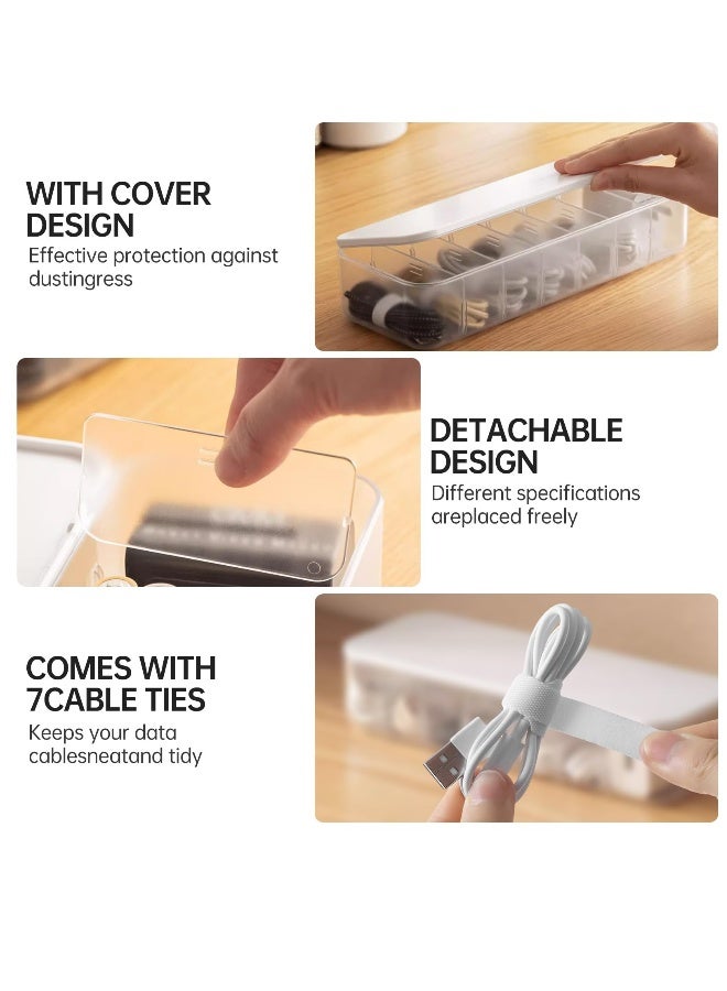 Loquat Cable Organizer Storage Box with 7 Wire Ties, Desktop Cable Management Box with Lid, Power Cord Organizer with 7 Compartments for Office, Home, Desk Accessories Storage Stationery Supplies White - Image 4