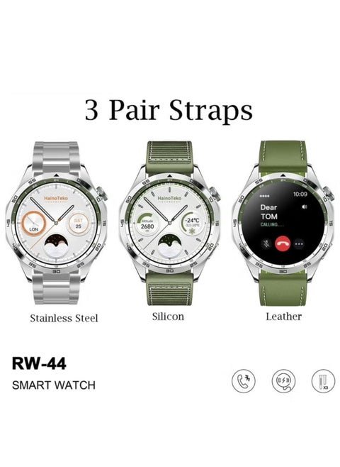 RW44 Round Screen AMOLED Display Smart Watch With 3 Pair Straps and Wireless Charger For Gents and Boys Green and Silver