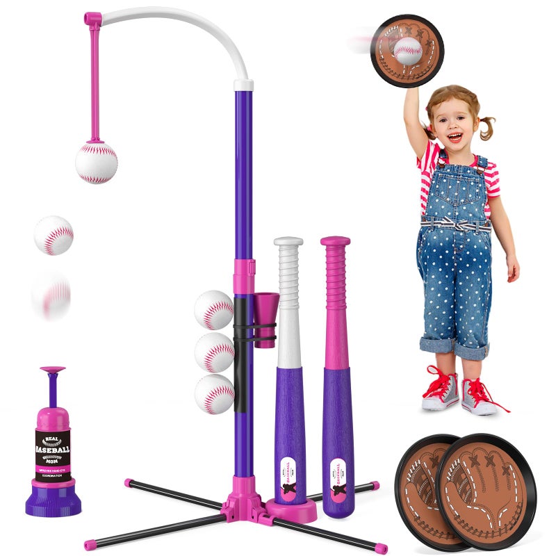 HYES 4 in 1 T Ball Sets for Kids 3-5 with Toss and Catch Ball Set, Hanging Tee Stand with Auto Pitching Machine/ 2 Bats, Indoor Outdoor Toys Baseball Gifts for Toddler Boys Girls, Purple - Image 1