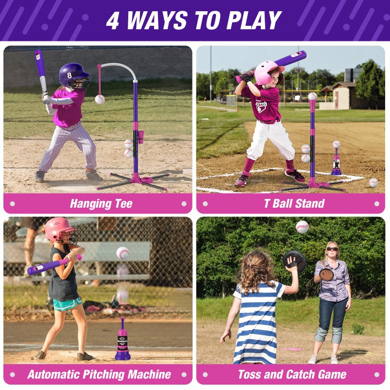 HYES 4 in 1 T Ball Sets for Kids 3-5 with Toss and Catch Ball Set, Hanging Tee Stand with Auto Pitching Machine/ 2 Bats, Indoor Outdoor Toys Baseball Gifts for Toddler Boys Girls, Purple - Image 2
