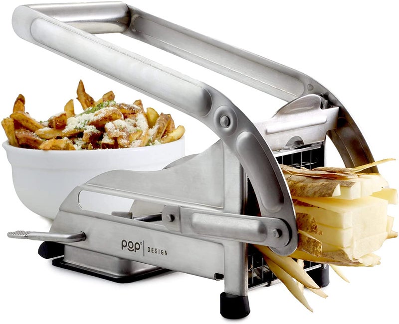 POP AirFry Mate Commercial Grade Stainless Steel French Fry Cutter Vegetable and Potato Slicer 2 Blade Sizes NonSlip Suction Base Perfect for Air Fryer Not for Sweet Potatoes