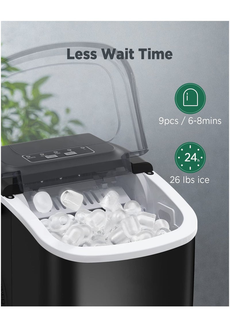 SYOSI Countertop Ice Maker Machine with Handle, 9 Cubes Ready in 6 Mins, 26lbs in 24Hrs, Auto-Cleaning Portable Ice Maker, 2 Sizes of Bullet Ice for Home Kitche Camping RV Party (Black)  - Image 2