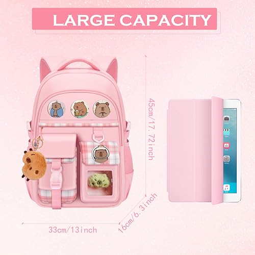 DHUENIOPE Capybara Backpack Cartoon backpack with Cute Pin Accessories Capybara Plush and Keychain Laptop Bag Casual Daypacks (PINK) - Image 2