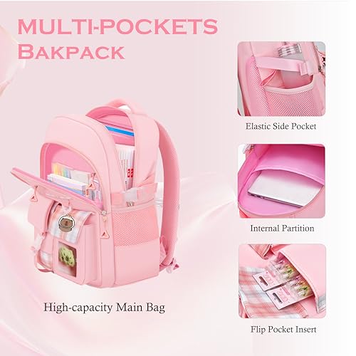 DHUENIOPE Capybara Backpack Cartoon backpack with Cute Pin Accessories Capybara Plush and Keychain Laptop Bag Casual Daypacks (PINK) - Image 3