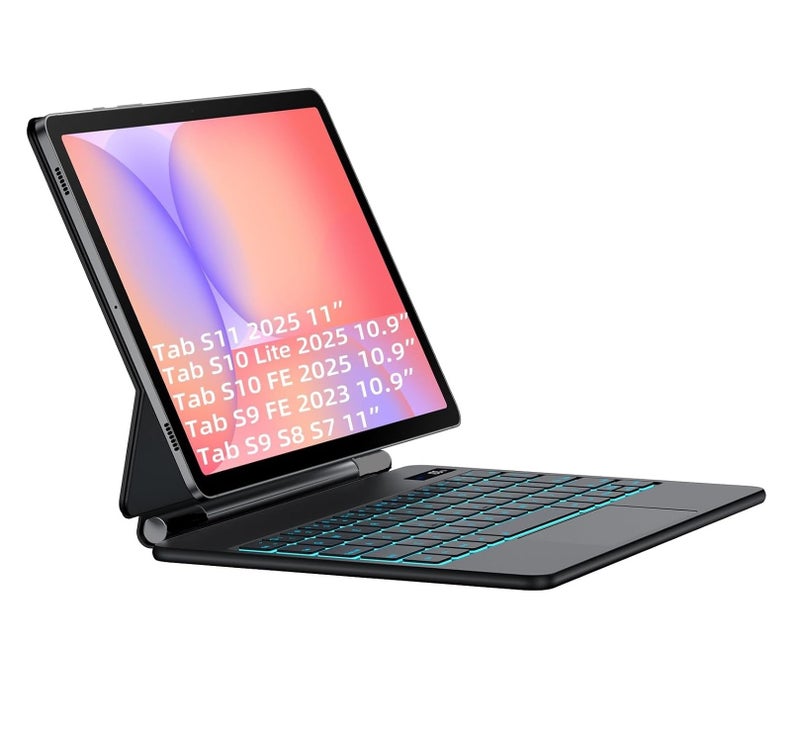 RTSY Magic Style Keyboard case for Samsung Galaxy Tab S11, S10 Lite, S10FE, S9, S9 FE, S8, S7 (11/10.9 Inch) with 7-Colors Backlit & Precision Trackpad, Floating Cantilever Magnetic Stand (Black) - Image 1