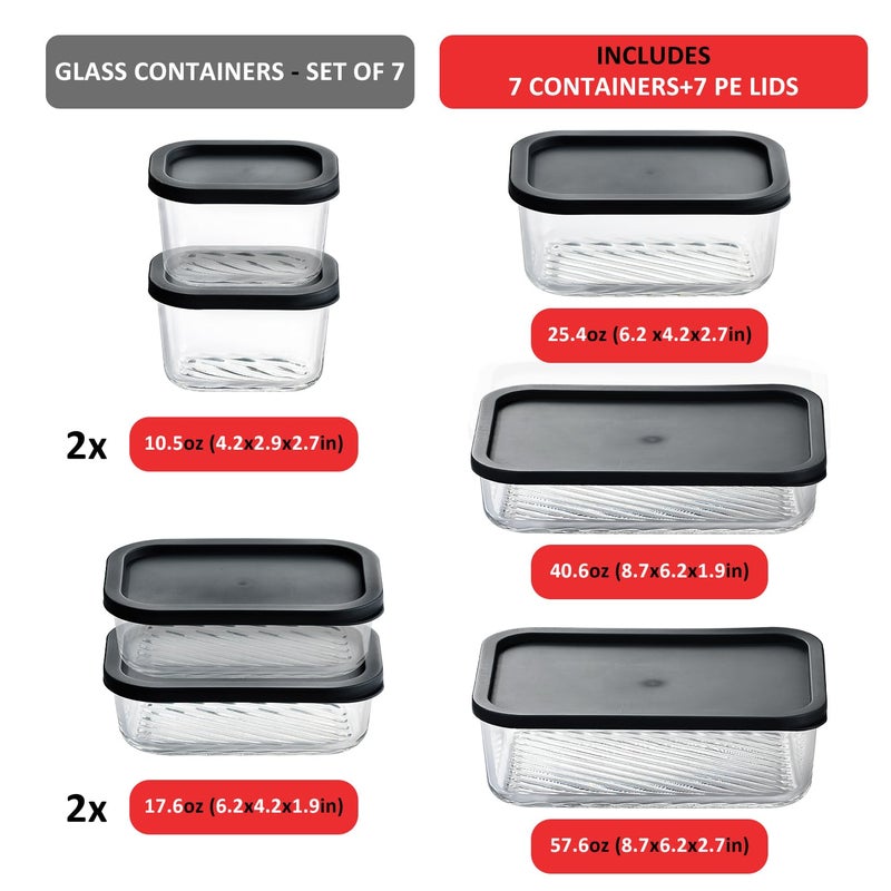 EATEX 7 Pack Glass Meal Prep Containers with Grooved Base, 7 Stackable BPA Free Glass Storage Containers with Lids for Lunch, Pantry, and Kitchen - Microwave, Dishwasher Freezer & Oven Safe - Black - Image 2