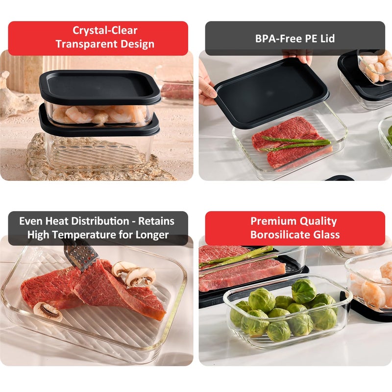 EATEX 7 Pack Glass Meal Prep Containers with Grooved Base, 7 Stackable BPA Free Glass Storage Containers with Lids for Lunch, Pantry, and Kitchen - Microwave, Dishwasher Freezer & Oven Safe - Black - Image 4
