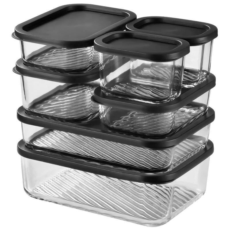 EATEX 7 Pack Glass Meal Prep Containers with Grooved Base, 7 Stackable BPA Free Glass Storage Containers with Lids for Lunch, Pantry, and Kitchen - Microwave, Dishwasher Freezer & Oven Safe - Black - Image 1