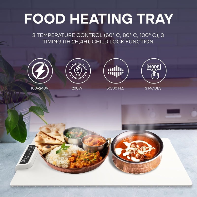 Xacton Foldable Food Warming Tray I Portable Silicon Heating Mat I Electric Plate with 3 Temperature Settings I for Biryani Curries Chapati Buffet Serving Gatherings Parties Everyday Use (White) - Image 5