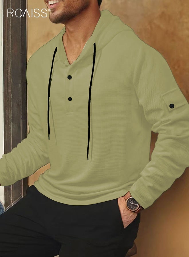roaiss Men's Lightweight Hooded Sweatshirt Casual Long Sleeve Design with Button Placket and Drawstring Hood, Ribbed Cuffs for Comfort, Sporty Style for Spring and Fall Seasons - Image 1