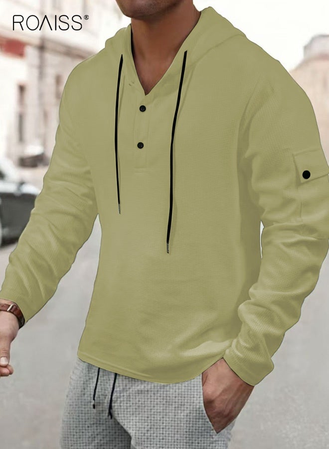 roaiss Men's Lightweight Hooded Sweatshirt Casual Long Sleeve Design with Button Placket and Drawstring Hood, Ribbed Cuffs for Comfort, Sporty Style for Spring and Fall Seasons - Image 2