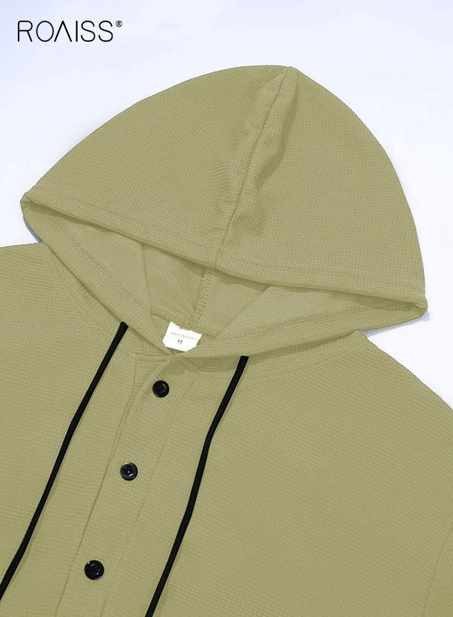 roaiss Men's Lightweight Hooded Sweatshirt Casual Long Sleeve Design with Button Placket and Drawstring Hood, Ribbed Cuffs for Comfort, Sporty Style for Spring and Fall Seasons - Image 3