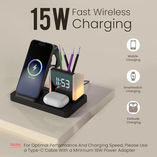 Portronics HexaCharge 6in1 15W Fast Magnetic Wireless Charging for iPhone 15/15 Plus/15 Pro/15 Pro Max,14/14 Plus/14 Pro/14 Pro Max,13/12, Wireless Earbuds & Smartwatches, Pen Stand, LED Lamp (Black) - Image 5