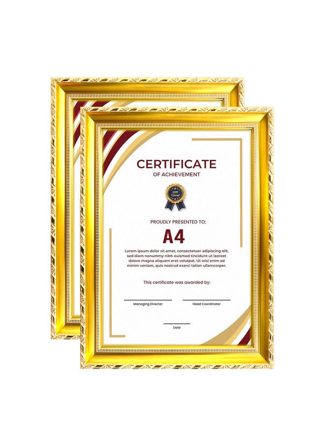 Decorhills Classic Design A4 Document Certificate Frame –  Real Glass, Wall Mount Tabletop Display, Gold, 25x34cm Frame Size, 2Pcs 