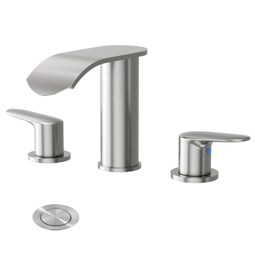 WOWOW Waterfall Bathroom Faucet 3 Holes 8Inch Widespread Bathroom Sink Faucet Two Handles Brushed Nickel Bathroom Faucet with Popup Drain Supply Hoses Modern Faucet Mixer Taps Brushed Nickel - Image 1