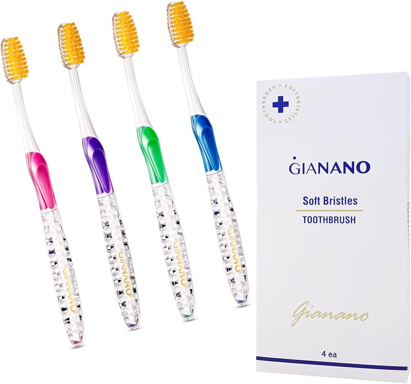 GIANANO Soft Slim Gold Bristles Toothbrush for Sensitive Gums - Ultra Soft Slim Bristles, Compact Head, Extra Soft toothbrushes for Adults / 4-Piece Set (Blue, Green, Pink, Violet) - Image 1