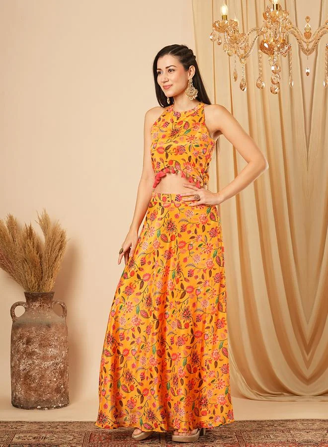 globus Halter Neck Tassel Detail Crop Top and Maxi Skirt Co-Ords