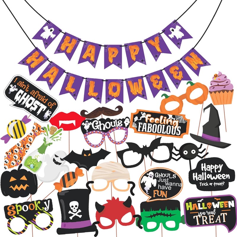 Wobbox Halloween Photo Booth Party Props (25 Pcs) DIY Kit with Purple & Orange Happy Halloween Bunting Banner for Your Halloween Celebration, Halloween Decorations Item - Image 1