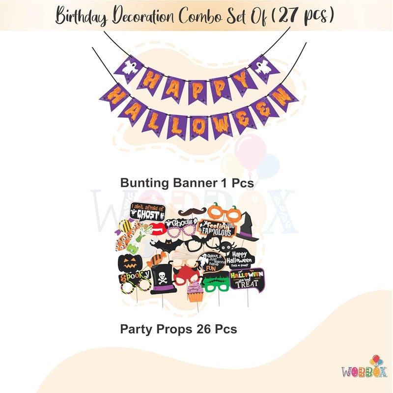Wobbox Halloween Photo Booth Party Props (25 Pcs) DIY Kit with Purple & Orange Happy Halloween Bunting Banner for Your Halloween Celebration, Halloween Decorations Item - Image 2
