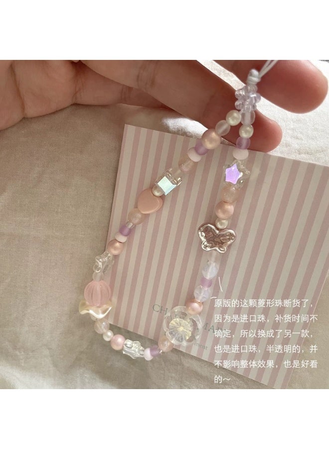 NIBEMINENT Super Cute Beaded Phone Charm – Trendy Phone Chain Wrist Strap, Shining Beads Chain Lanyard for Cell Phone