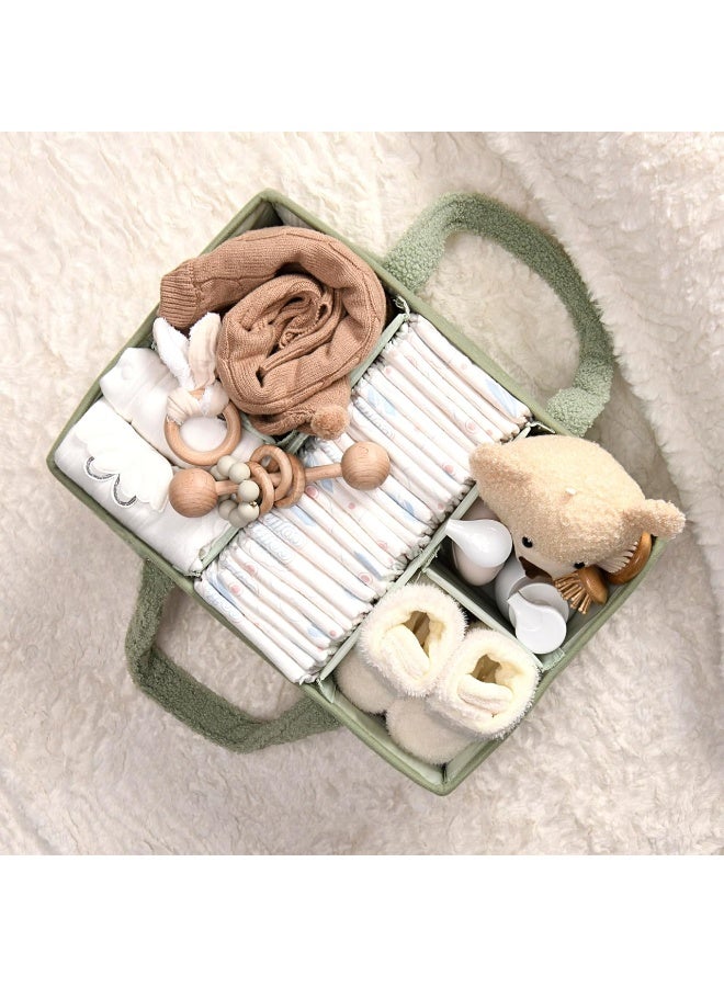Baby Diaper Caddy Organizer for Changing Table, Baby Storage Basket for Diapers and Baby Wipes, Gift for Baby Shower, Car Caddy Organizer, Nursery Diaper Organizer, Portable Diaper Storage newborn Diaper Storage Bag, organizer Baby Clothes for Mom and Baby Care, Large Capacity with Carrier Pocket and Removable Divider - Green - Image 1