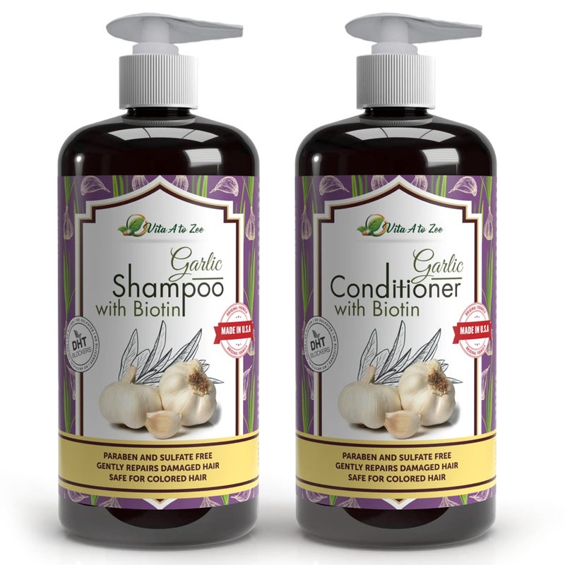 Vita A to Zee Garlic Hair Shampoo  Conditioner with Anti DHT Blocker  Garlic Natural Hair Treatment for Hair Growth Loss Thinning  Itchy Scalp  Sulfate  Paraben Free Cruelty Free  Vegan